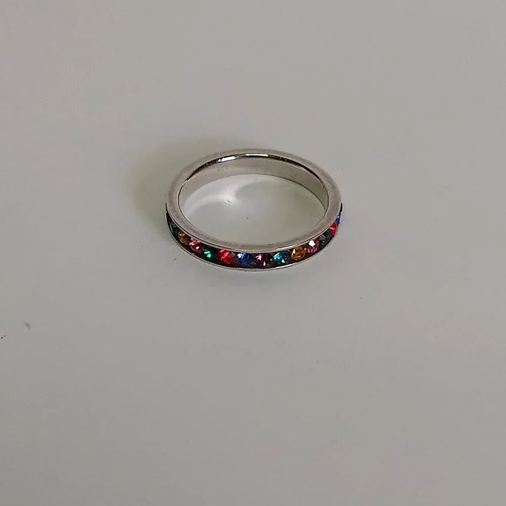 Silver Tone Multicolor Rainbow Stone Ring Band Marked ATI Taiwan Size 8 Colorful